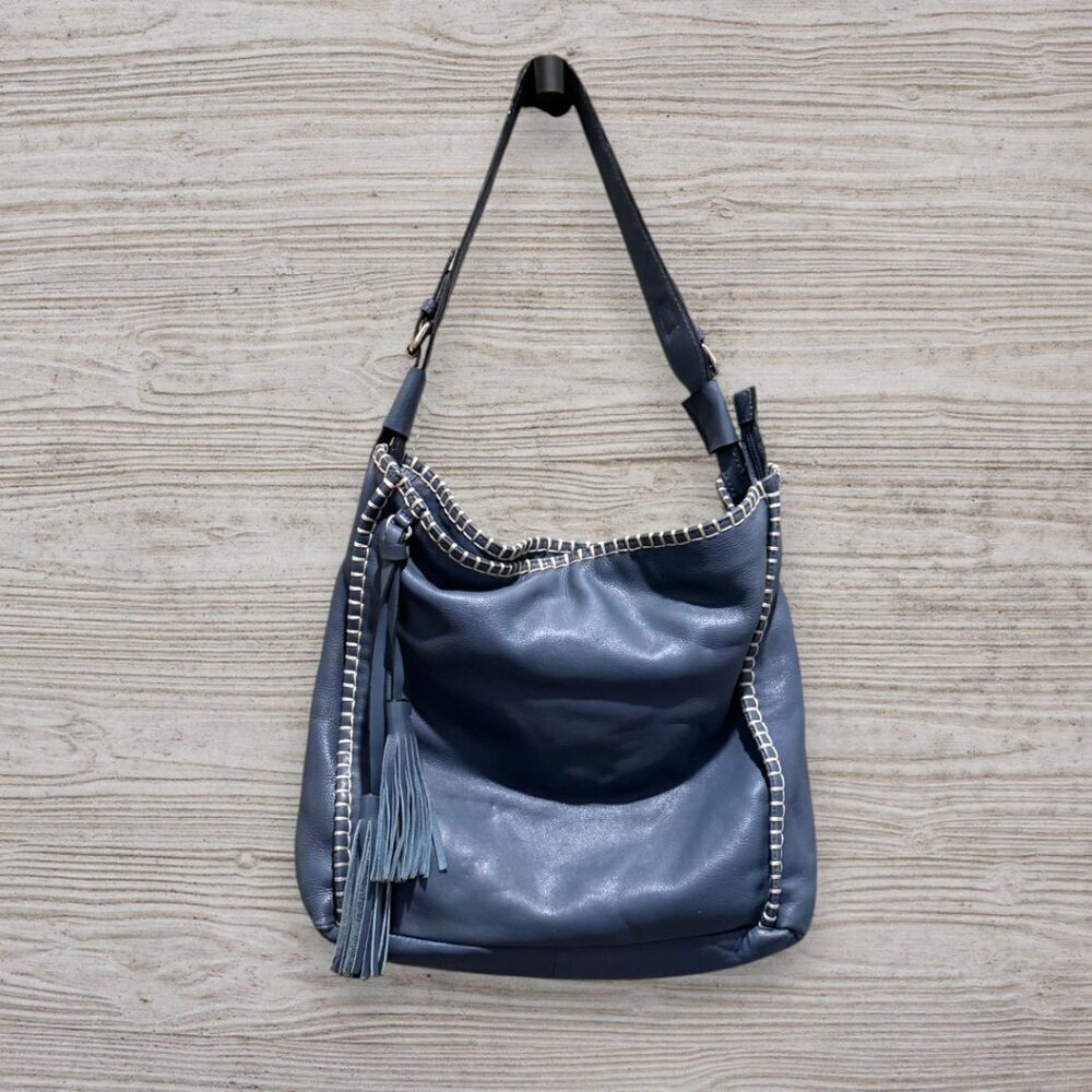 CLARKS Blue Leather Hobo Shoulder Bag Whipstitch Trim Tassel
